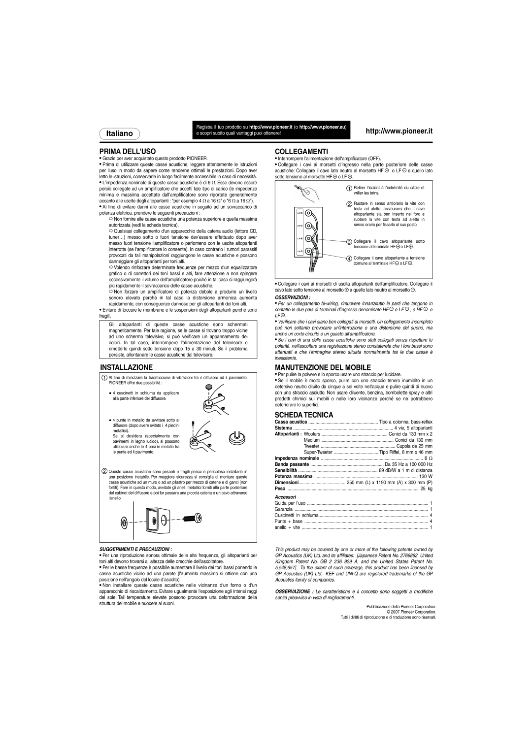 Pioneer S-H810V-W specifications Prima Delluso, Collegamenti, Installazione, Manutenzione DEL Mobile, Scheda Tecnica 