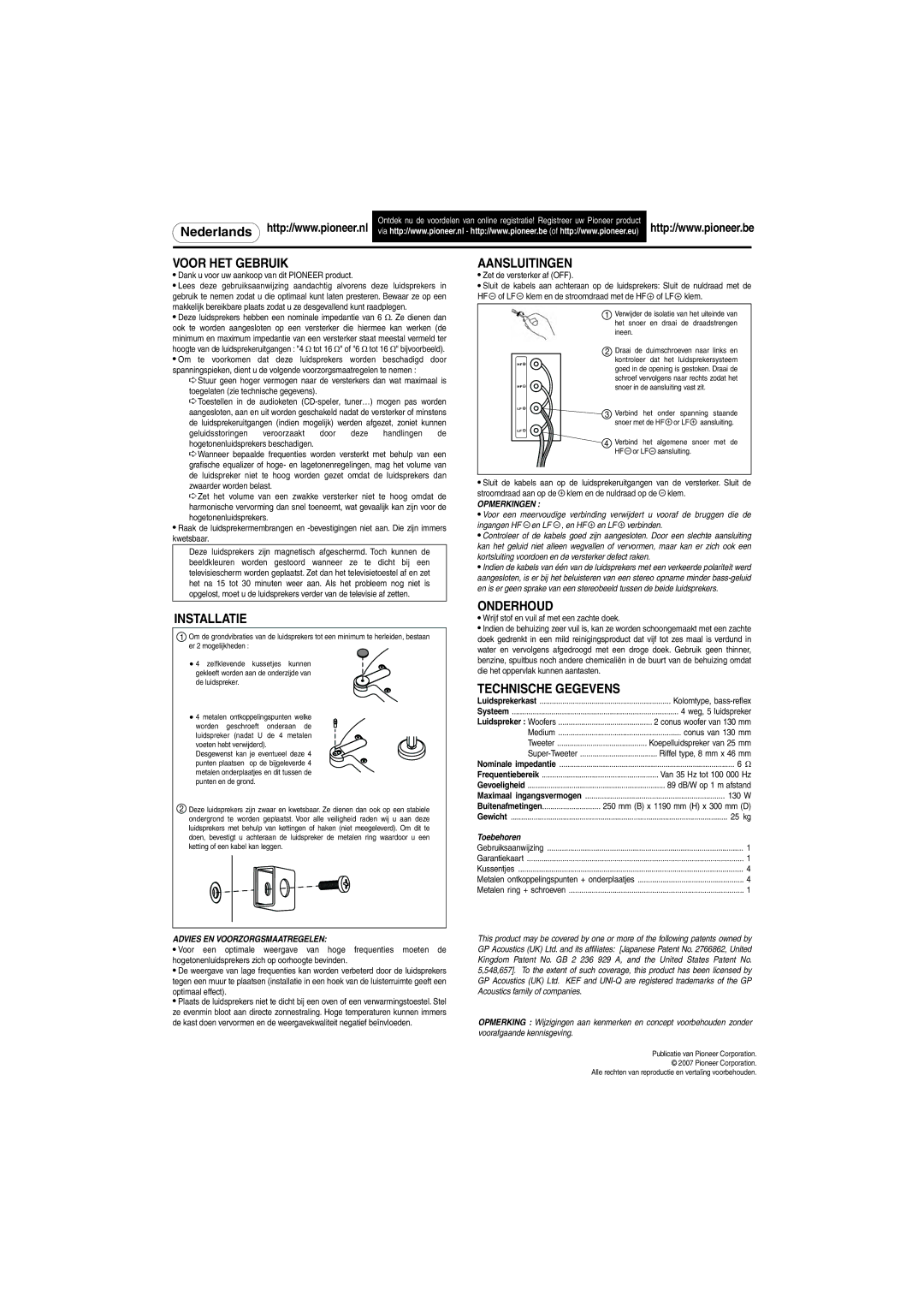 Pioneer S-H810V-W specifications Voor HET Gebruik, Aansluitingen, Installatie, Onderhoud, Technische Gegevens 