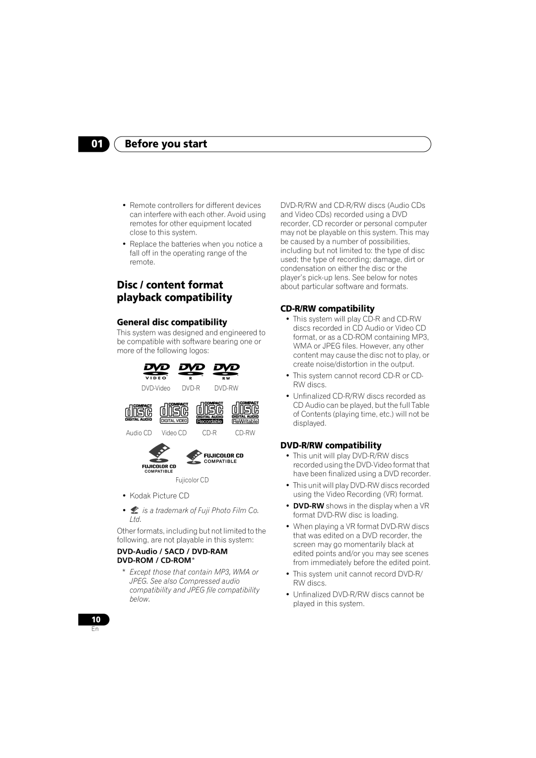 Pioneer S-HTD330 manual Before you start, Disc / content format playback compatibility, General disc compatibility 