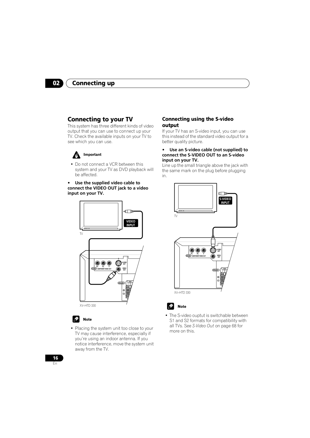 Pioneer S-HTD330 manual Connecting up Connecting to your TV, Connecting using the S-video output 