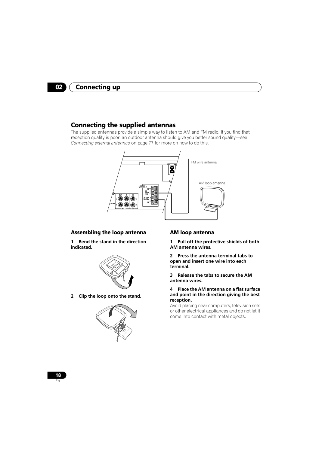 Pioneer S-HTD330 manual Connecting up Connecting the supplied antennas, Assembling the loop antenna, AM loop antenna 