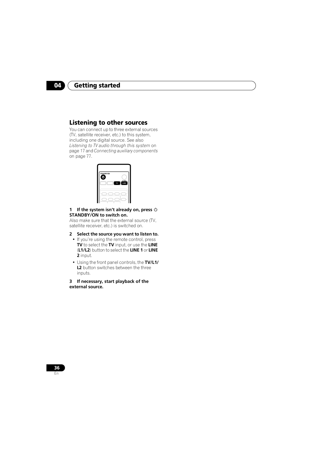 Pioneer S-HTD330 manual Getting started Listening to other sources, Select the source you want to listen to 