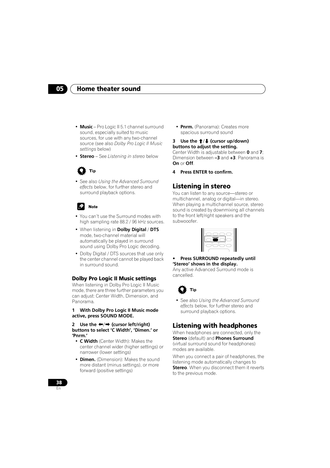 Pioneer S-HTD330 Home theater sound, Listening in stereo, Listening with headphones, Dolby Pro Logic II Music settings 