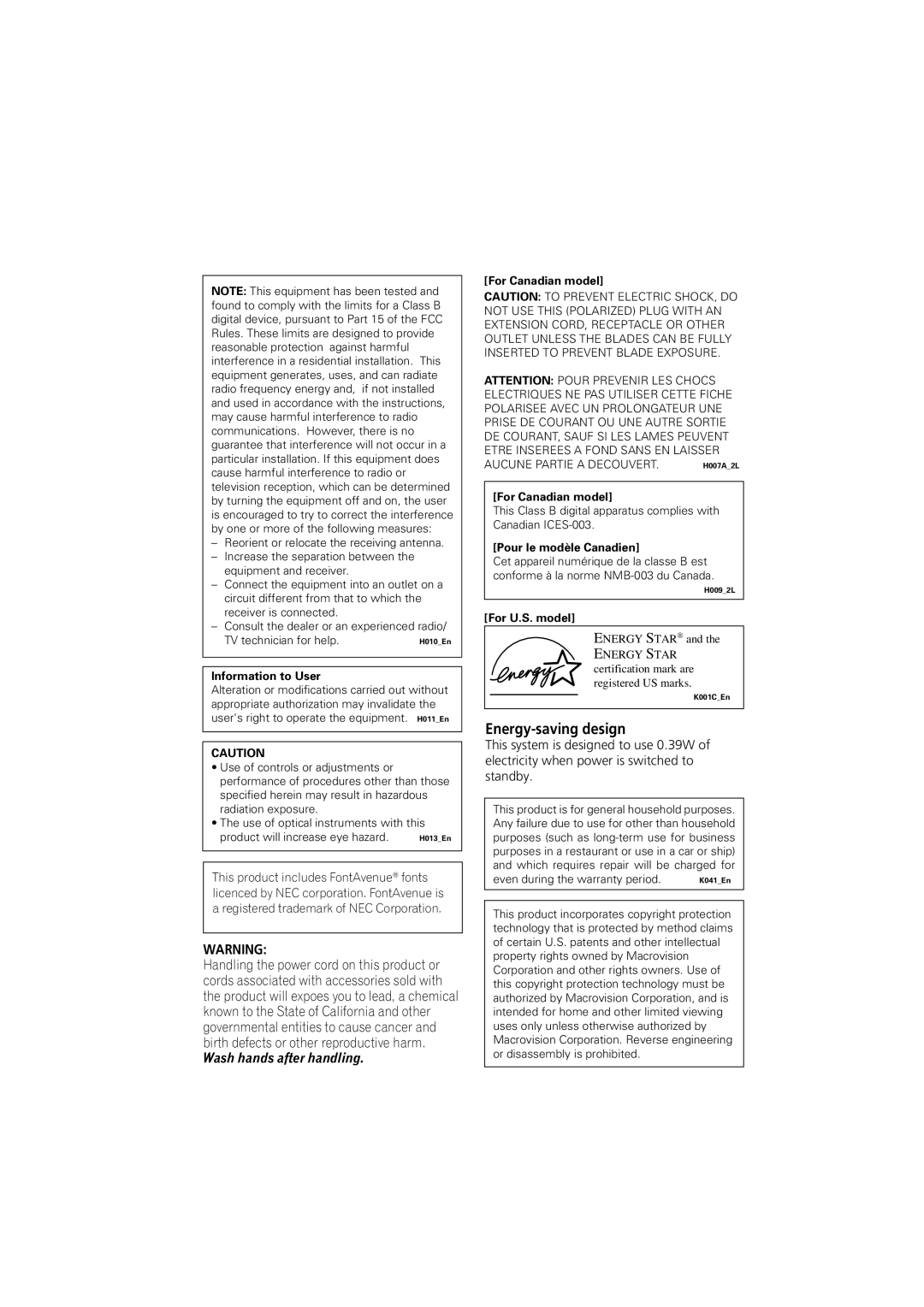 Pioneer S-HTD330 manual Energy-saving design, Information to User 