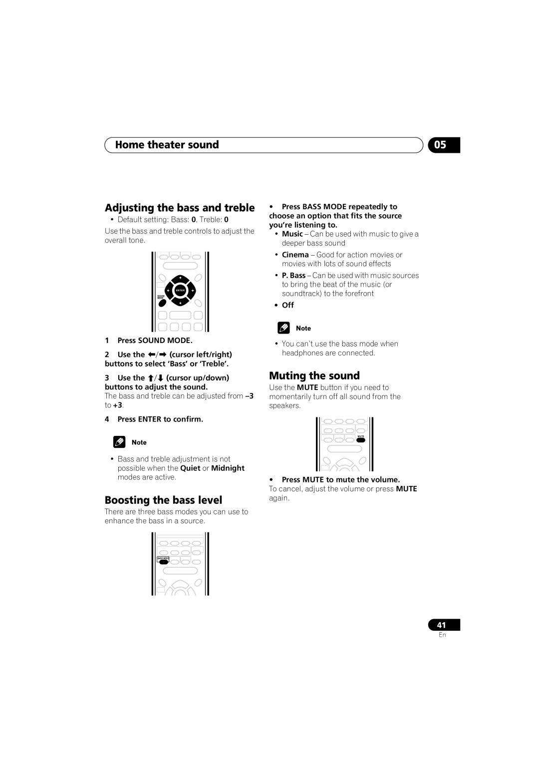 Pioneer S-HTD330 manual Home theater sound Adjusting the bass and treble, Boosting the bass level, Muting the sound 