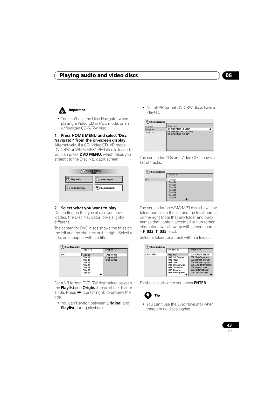 Pioneer S-HTD330 manual Playing audio and video discs, Not all VR format DVD-RW discs have a Playlist, F033, T035, etc 