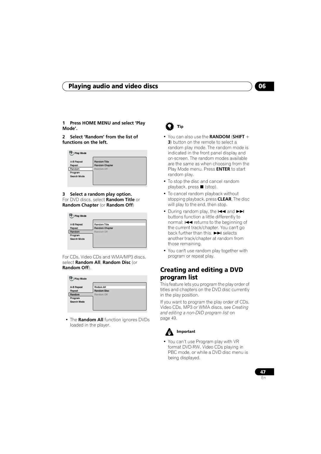 Pioneer S-HTD330 manual Creating and editing a DVD program list, Select a random play option 