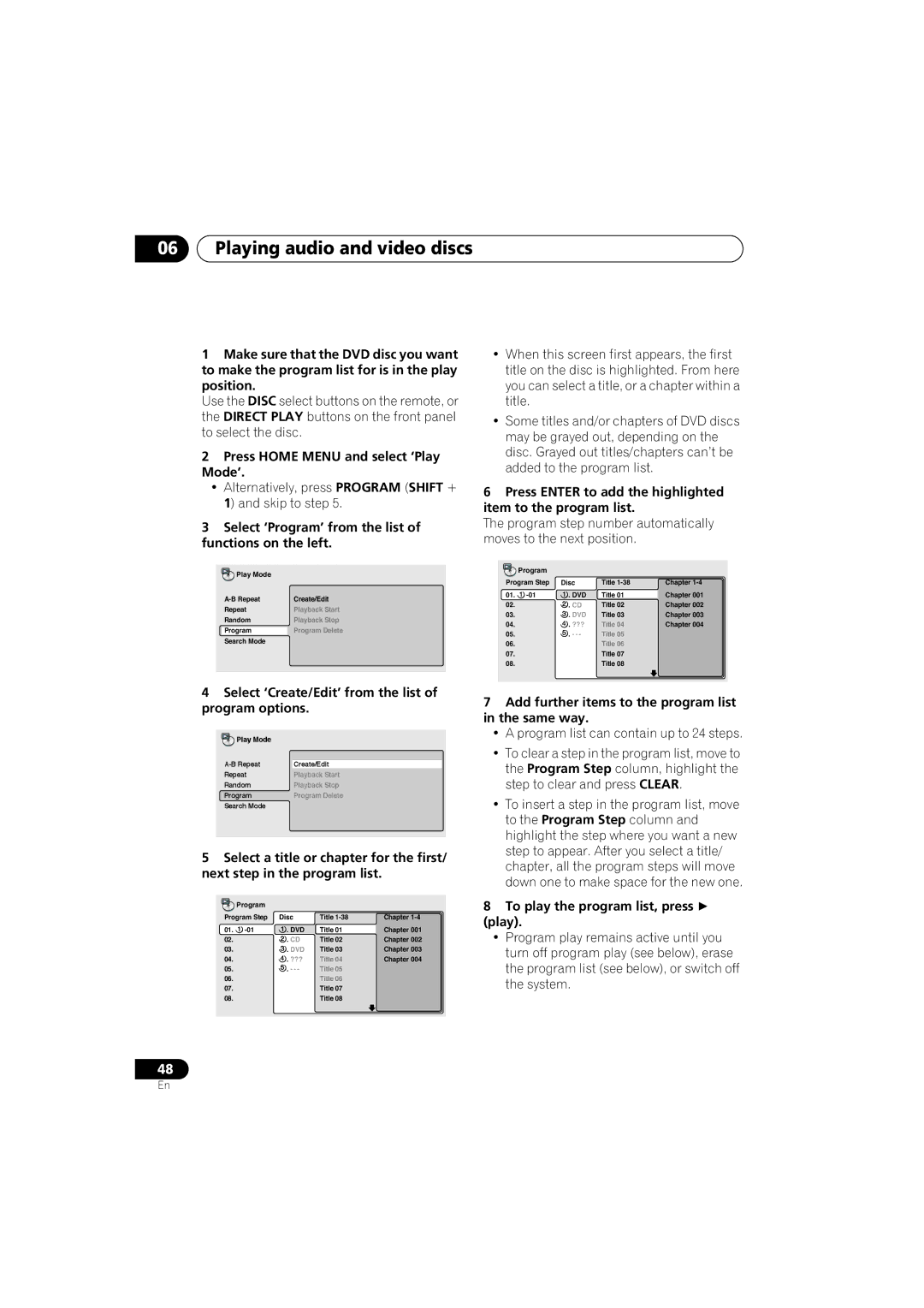 Pioneer S-HTD330 manual Press Home Menu and select ‘Play Mode’, Select ‘Program’ from the list of functions on the left 