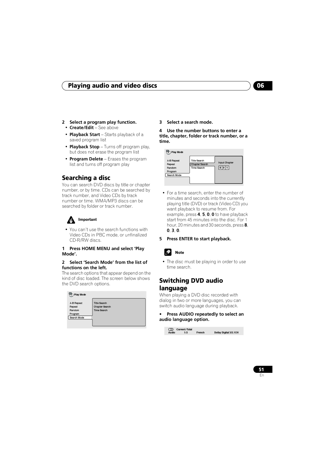 Pioneer S-HTD330 Searching a disc, Switching DVD audio language, Select a program play function Create/Edit See above 