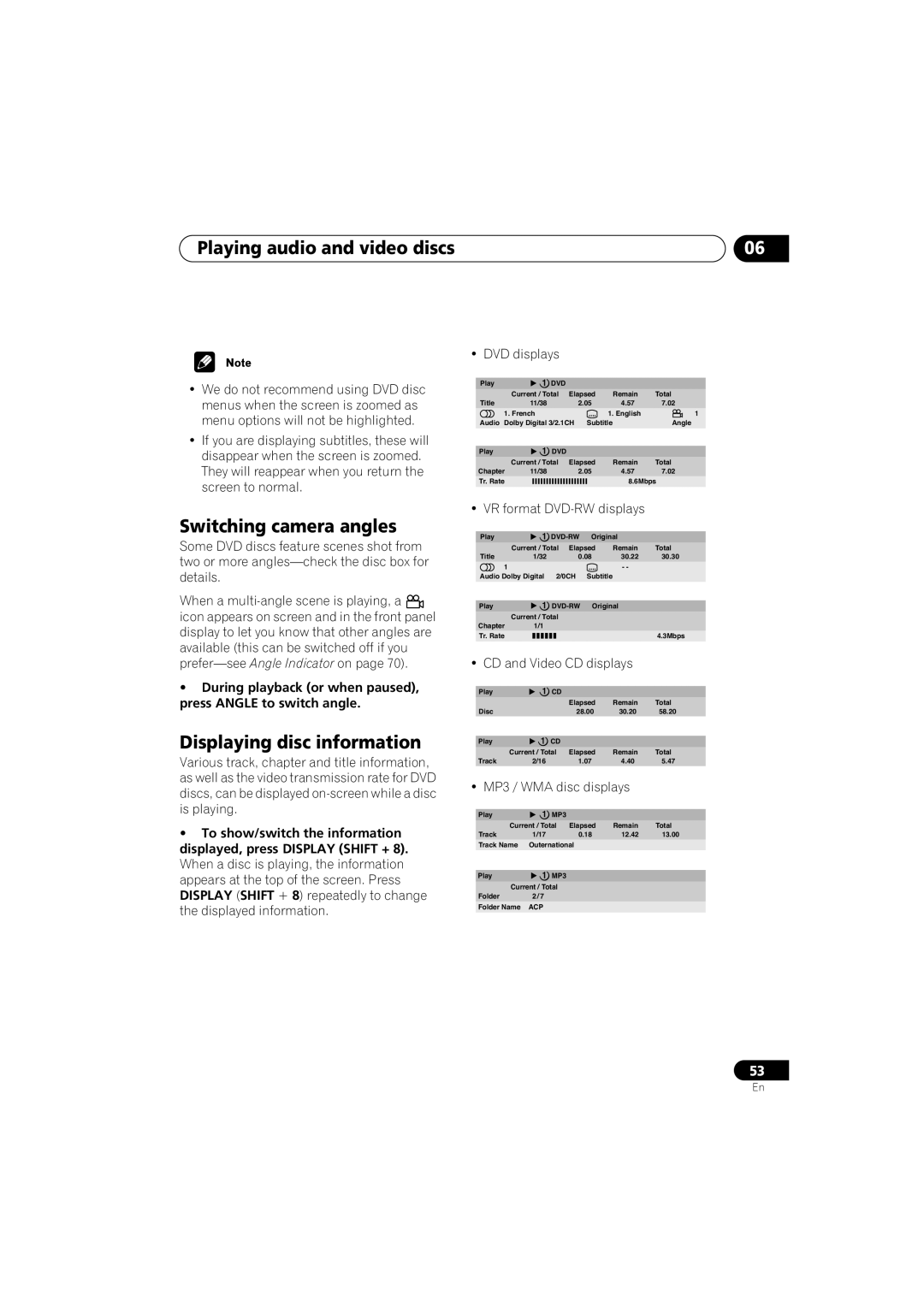 Pioneer S-HTD330 manual Switching camera angles, Displaying disc information 