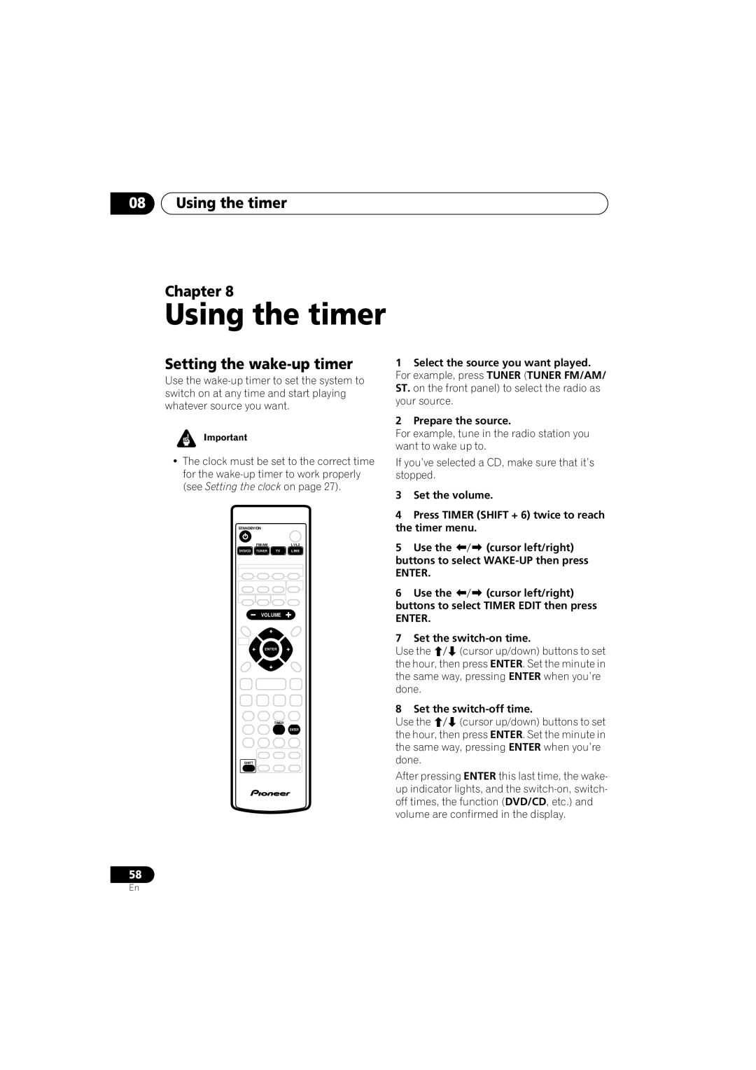 Pioneer S-HTD330 Using the timer Chapter, Setting the wake-up timer, Set the switch-on time, Set the switch-off time 