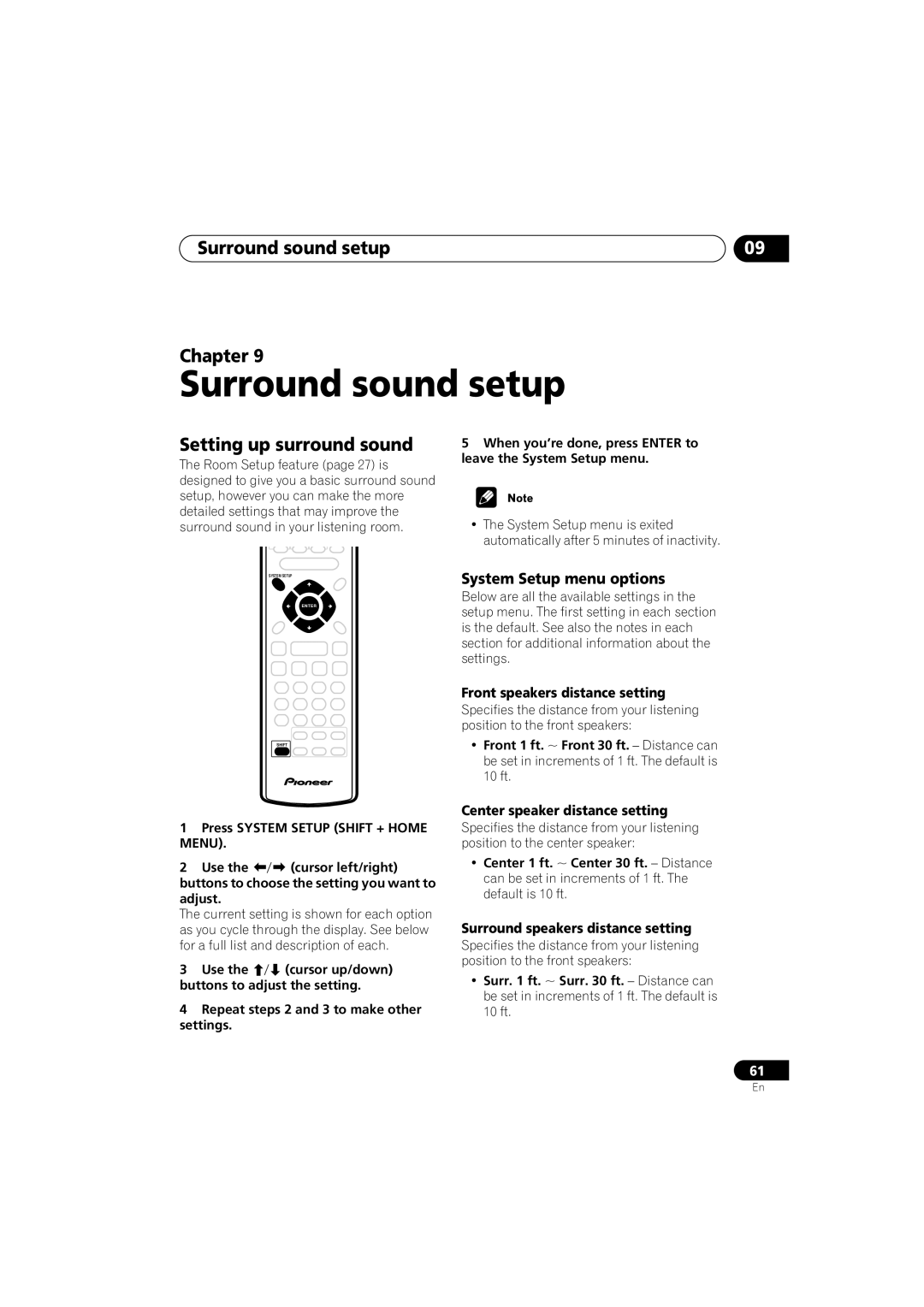 Pioneer S-HTD330 manual Surround sound setup Chapter, Setting up surround sound, System Setup menu options 