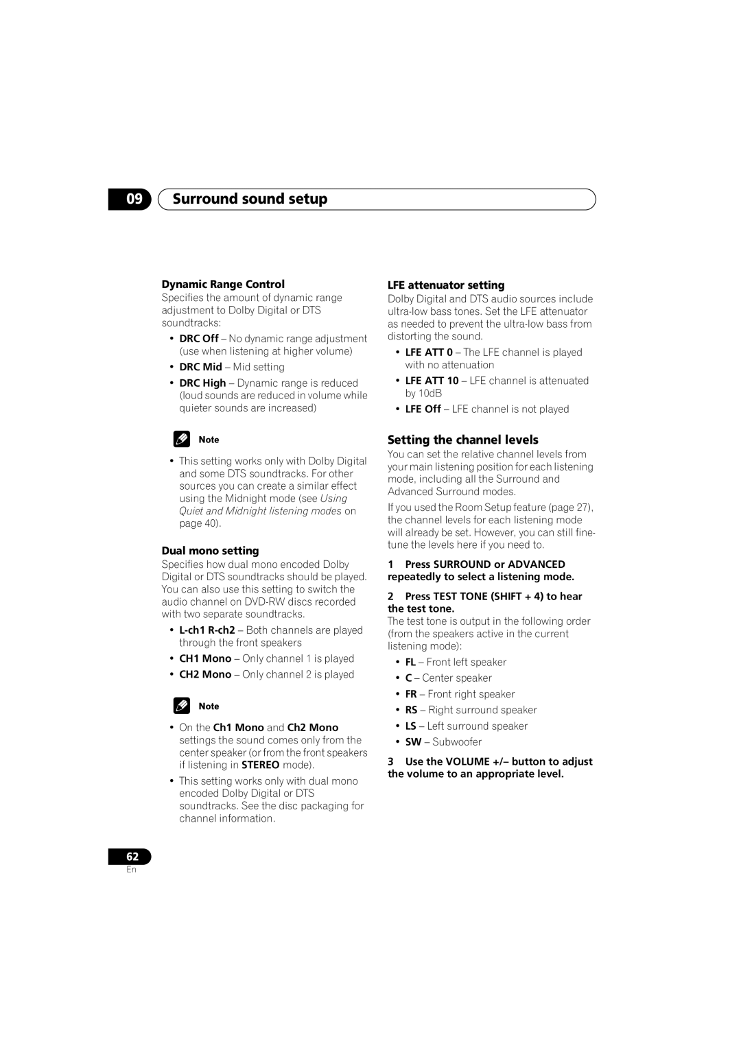 Pioneer S-HTD330 manual Surround sound setup, Setting the channel levels, Dynamic Range Control, LFE attenuator setting 