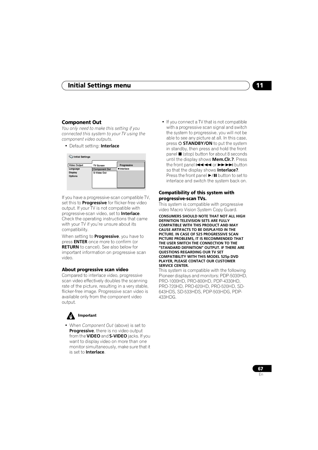 Pioneer S-HTD330 manual Initial Settings menu, Component Out, About progressive scan video, Default setting Interlace 