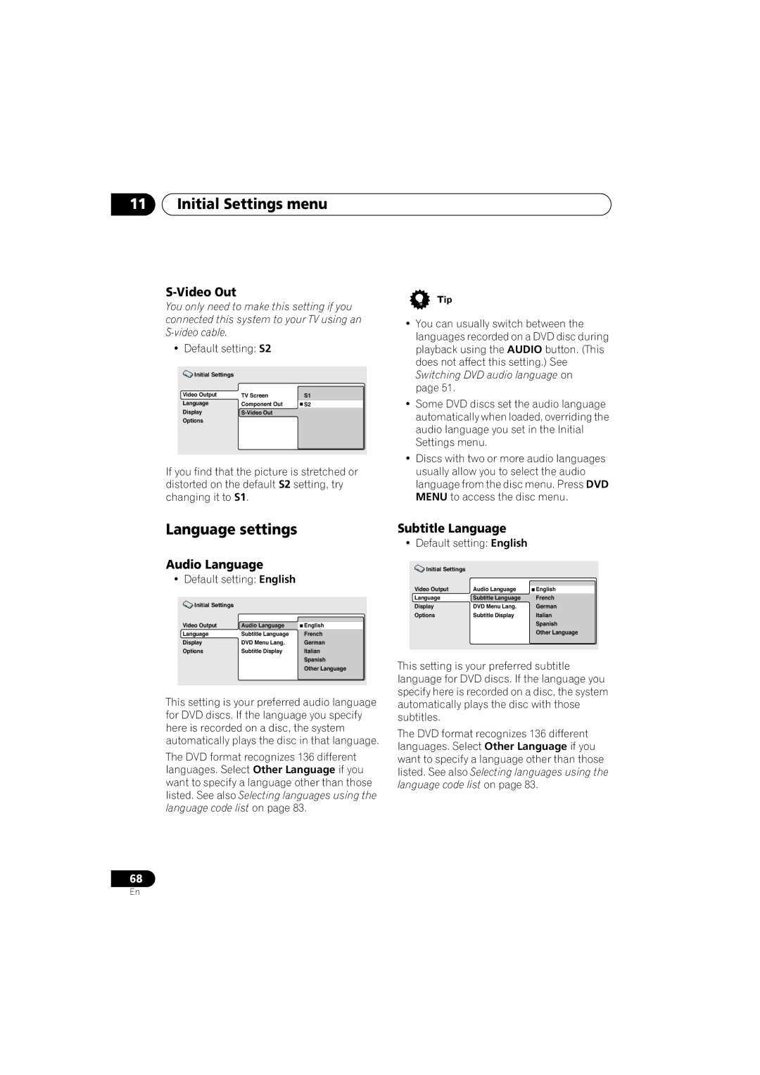 Pioneer S-HTD330 manual Language settings, Video Out, Audio Language, Subtitle Language 