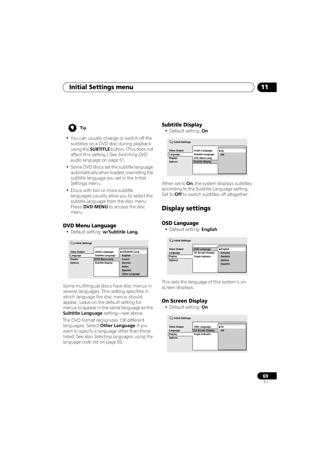 Pioneer S-HTD330 manual Display settings, DVD Menu Language, Subtitle Display, OSD Language, On Screen Display 