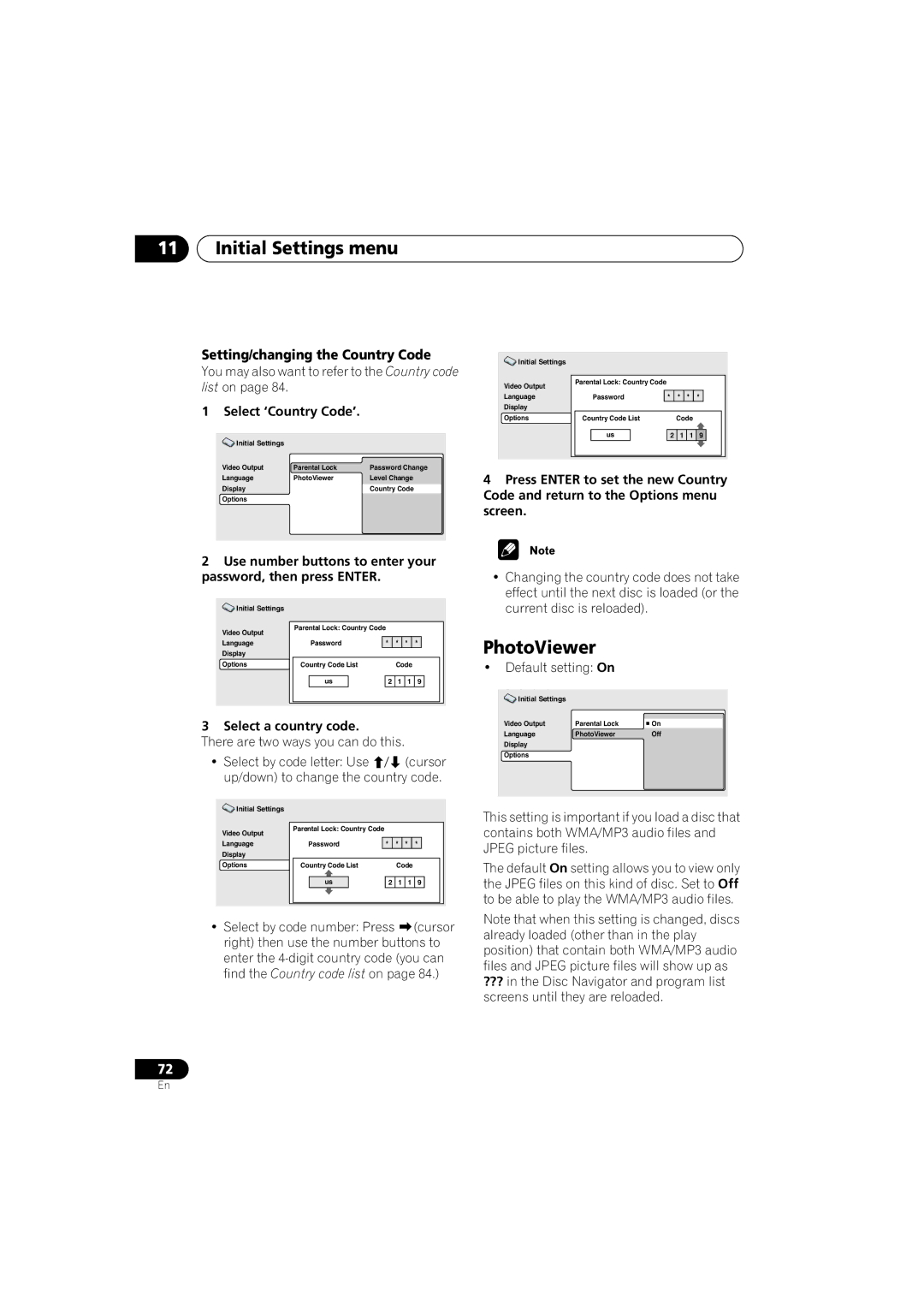 Pioneer S-HTD330 manual PhotoViewer, Setting/changing the Country Code, Select ‘Country Code’, Select a country code 