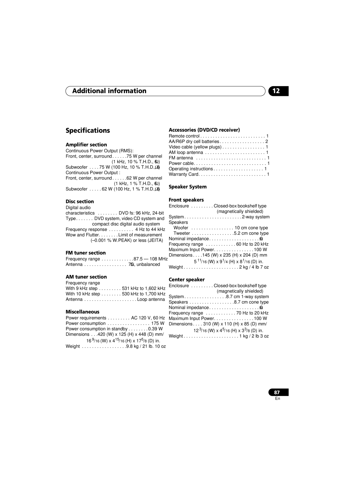 Pioneer S-HTD330 manual Additional information Specifications 