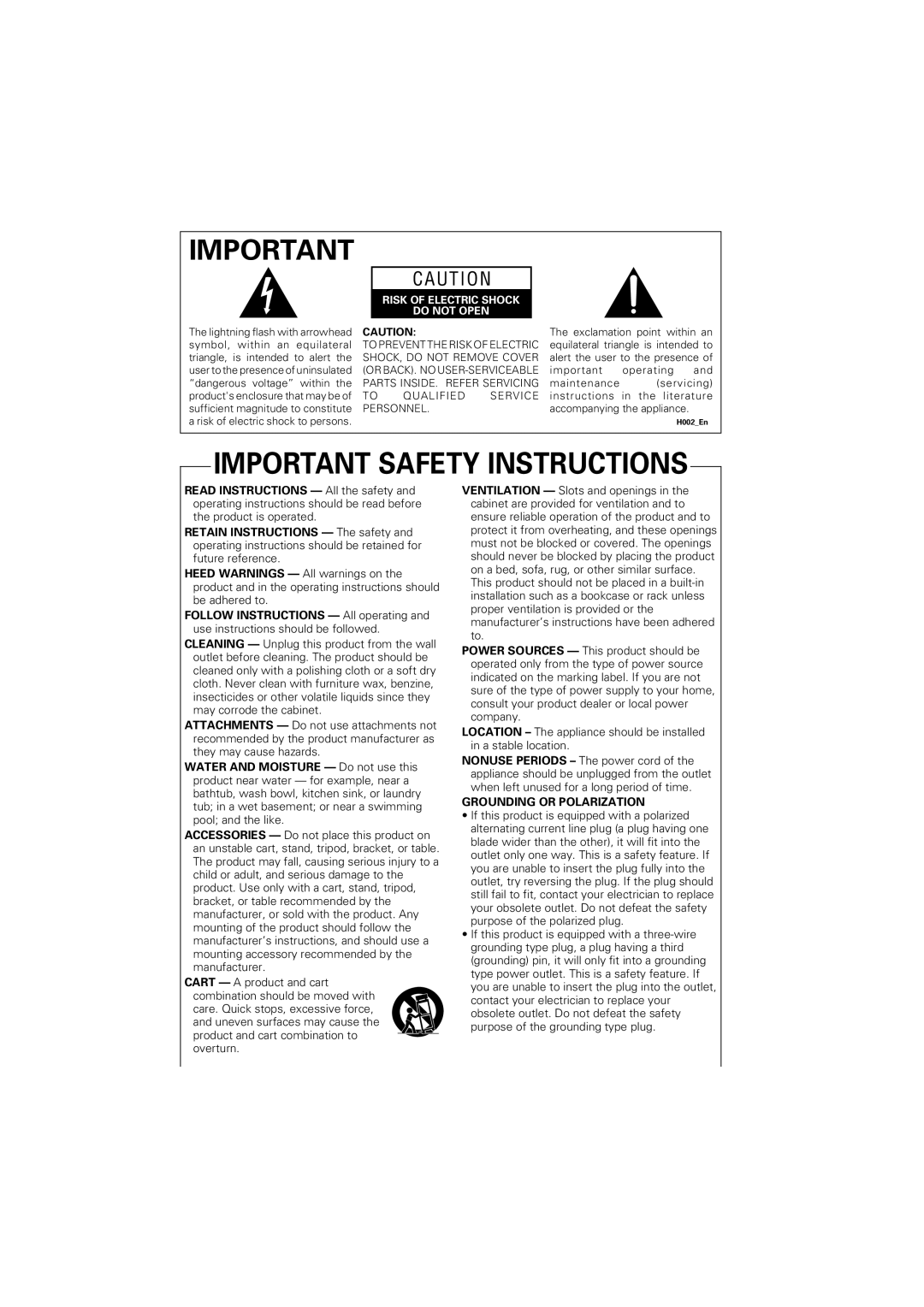 Pioneer S-HTD330 manual Important Safety Instructions, C A U T I O N 