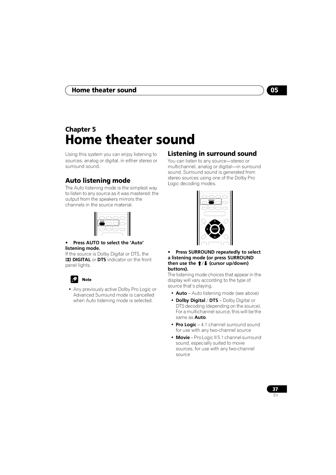 Pioneer S-HTD330 manual Home theater sound, Auto listening mode, Listening in surround sound, Chapter 