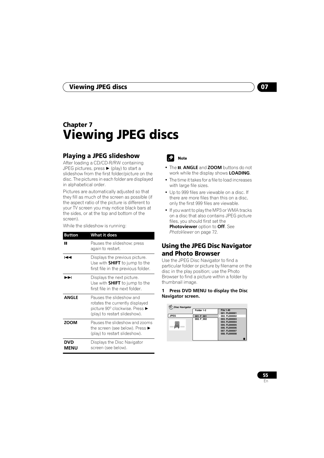 Pioneer S-HTD330 Viewing JPEG discs, Playing a JPEG slideshow, Chapter, Using the JPEG Disc Navigator and Photo Browser 