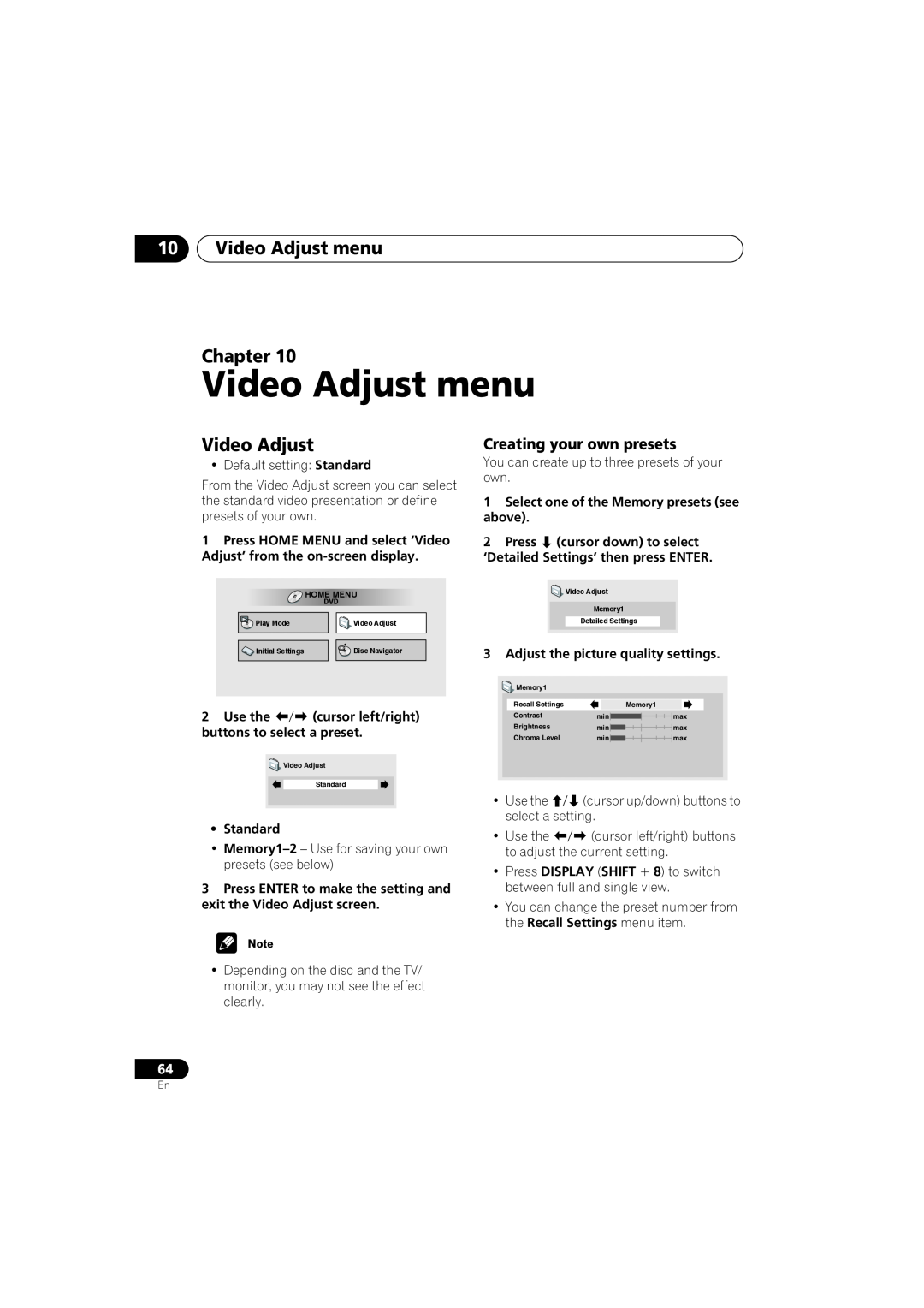 Pioneer S-HTD330 manual 10Video Adjust menu Chapter, Creating your own presets 