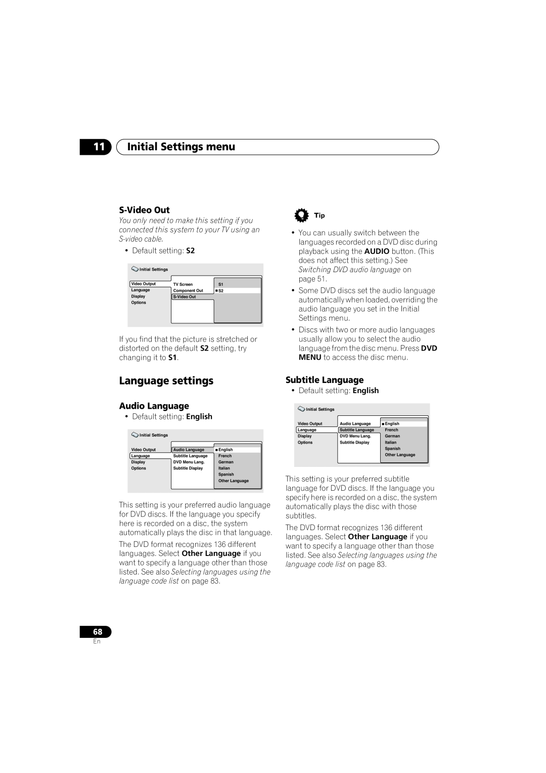 Pioneer S-HTD330 manual 11Initial Settings menu, Language settings, S-VideoOut, Audio Language, Subtitle Language 