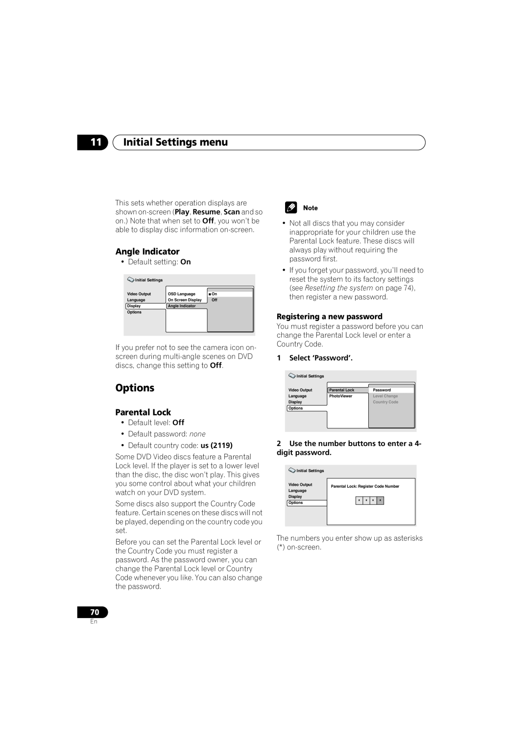 Pioneer S-HTD330 manual Options, Angle Indicator, Parental Lock, Registering a new password, 11Initial Settings menu 