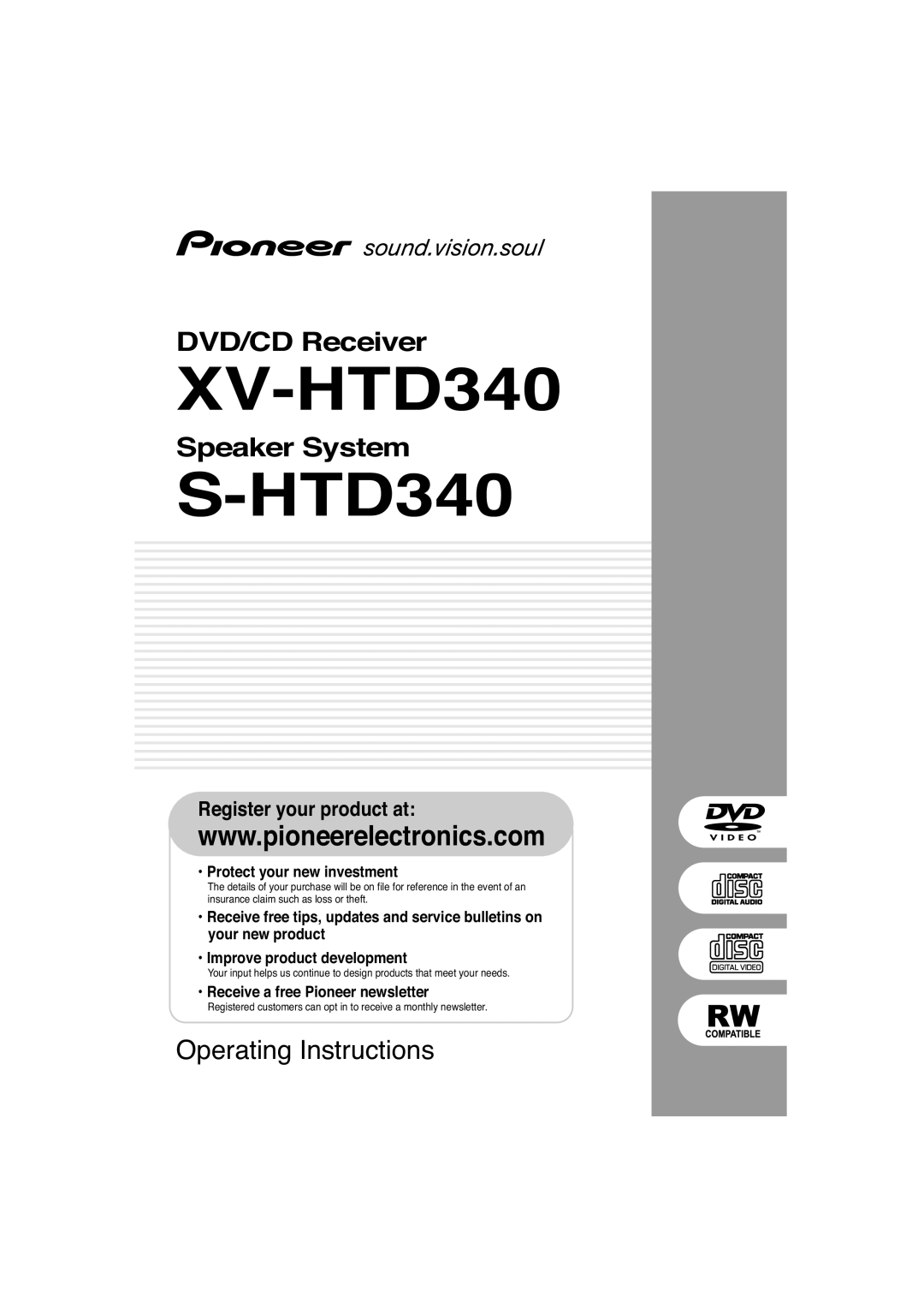 Pioneer S-HTD340 operating instructions Protect your new investment, Receive a free Pioneer newsletter 