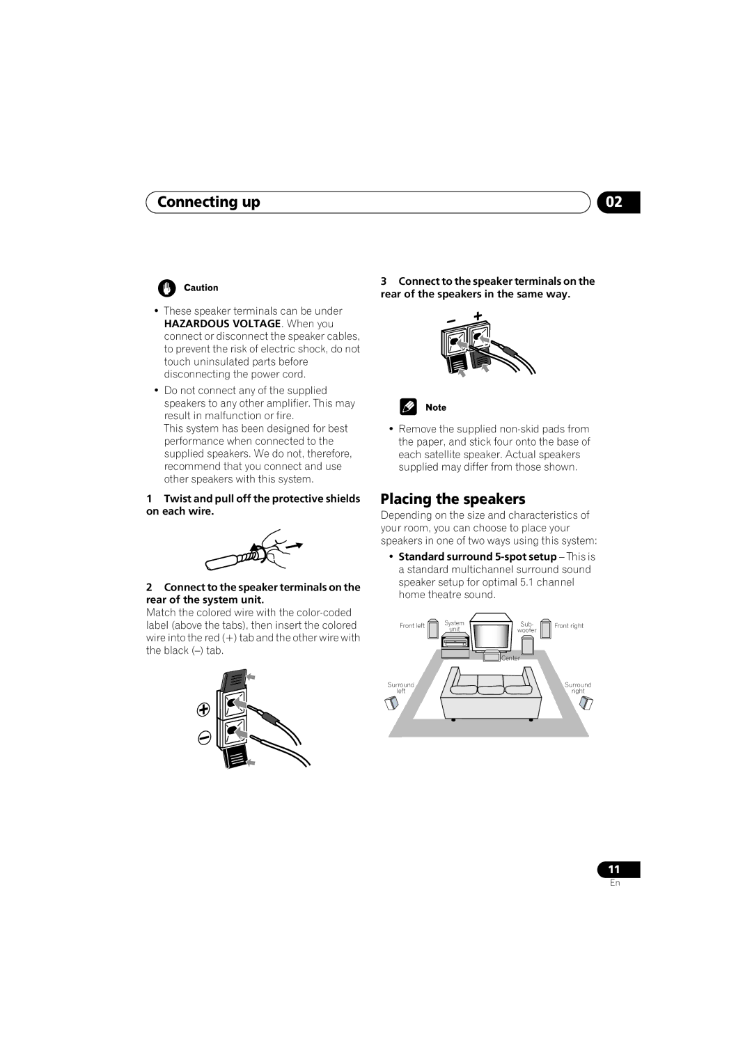 Pioneer S-HTD340 operating instructions Connecting up, Placing the speakers, On each wire, Rear of the system unit 