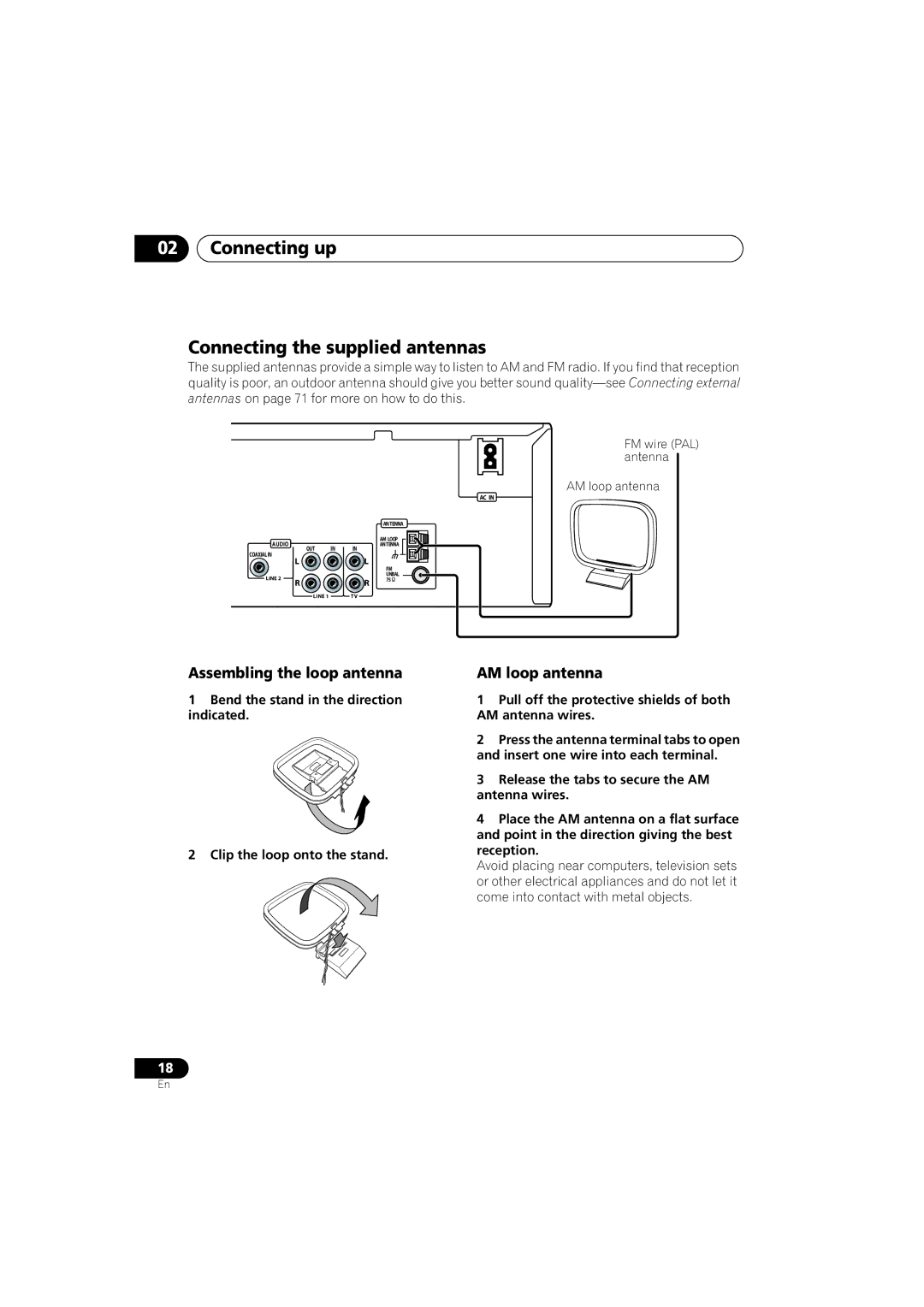 Pioneer S-HTD340 Connecting up Connecting the supplied antennas, Assembling the loop antenna, AM loop antenna 