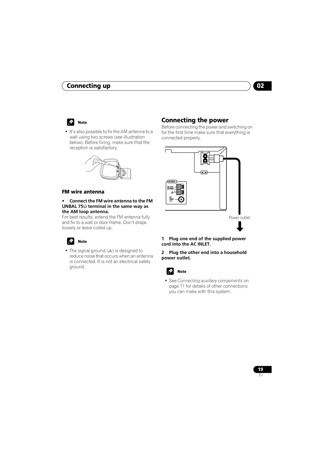 Pioneer S-HTD340 operating instructions Connecting the power, FM wire antenna 