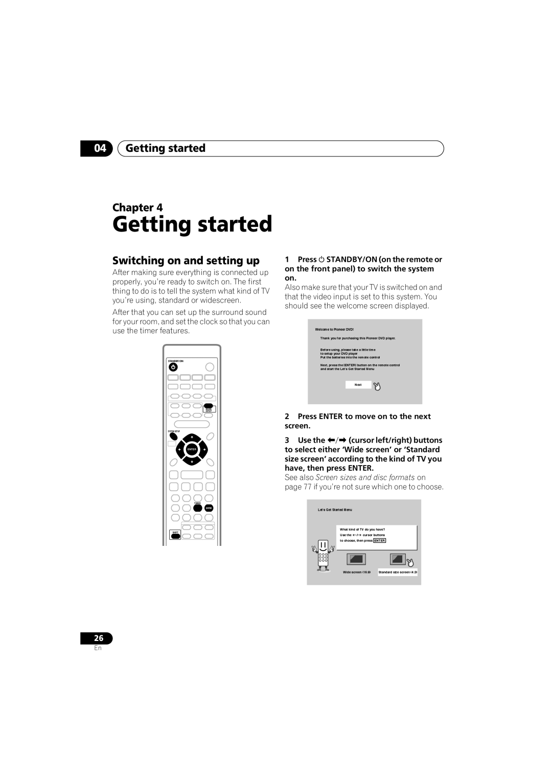 Pioneer S-HTD340 operating instructions Getting started Chapter, Switching on and setting up 