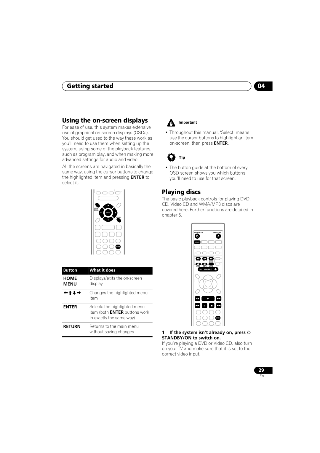 Pioneer S-HTD340 operating instructions Getting started Using the on-screen displays, Playing discs 