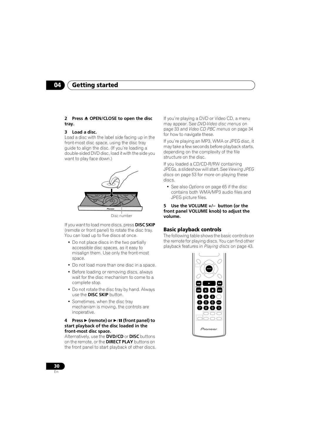 Pioneer S-HTD340 operating instructions Basic playback controls, Press OPEN/CLOSE to open the disc tray Load a disc 