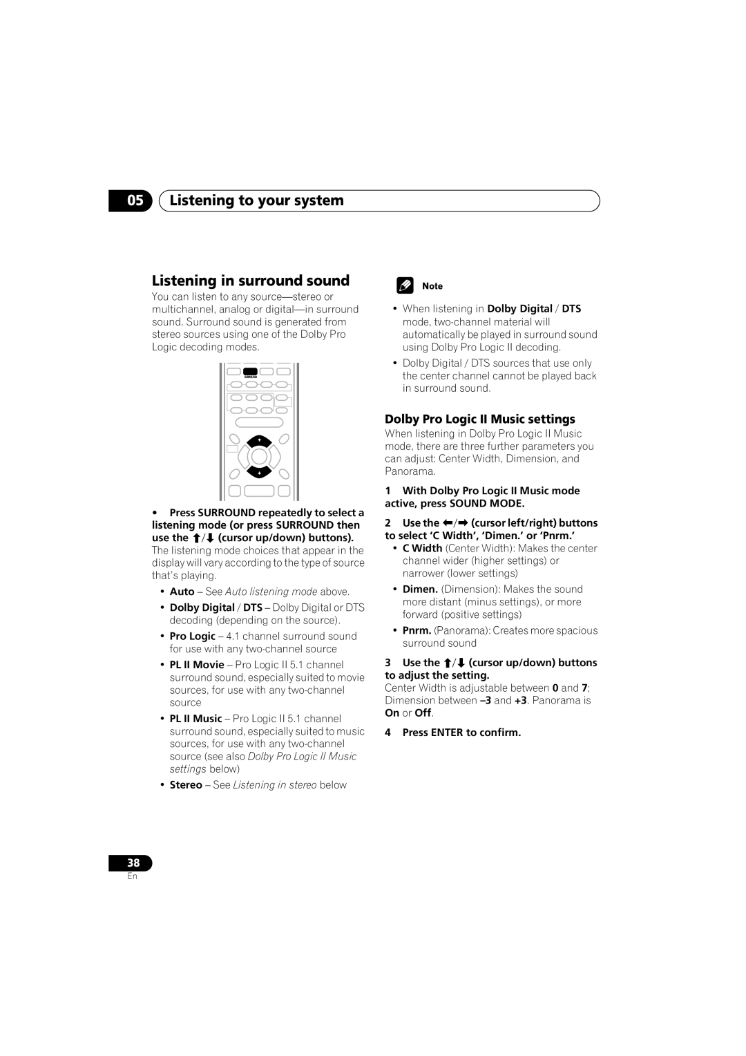 Pioneer S-HTD340 Listening to your system Listening in surround sound, Dolby Pro Logic II Music settings 