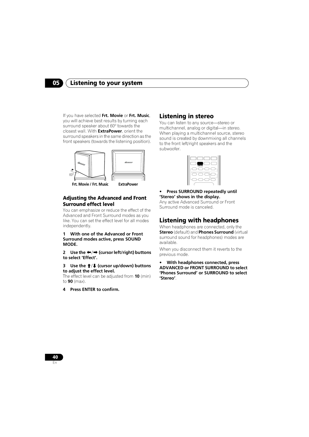 Pioneer S-HTD340 operating instructions Listening to your system, Listening in stereo, Listening with headphones 