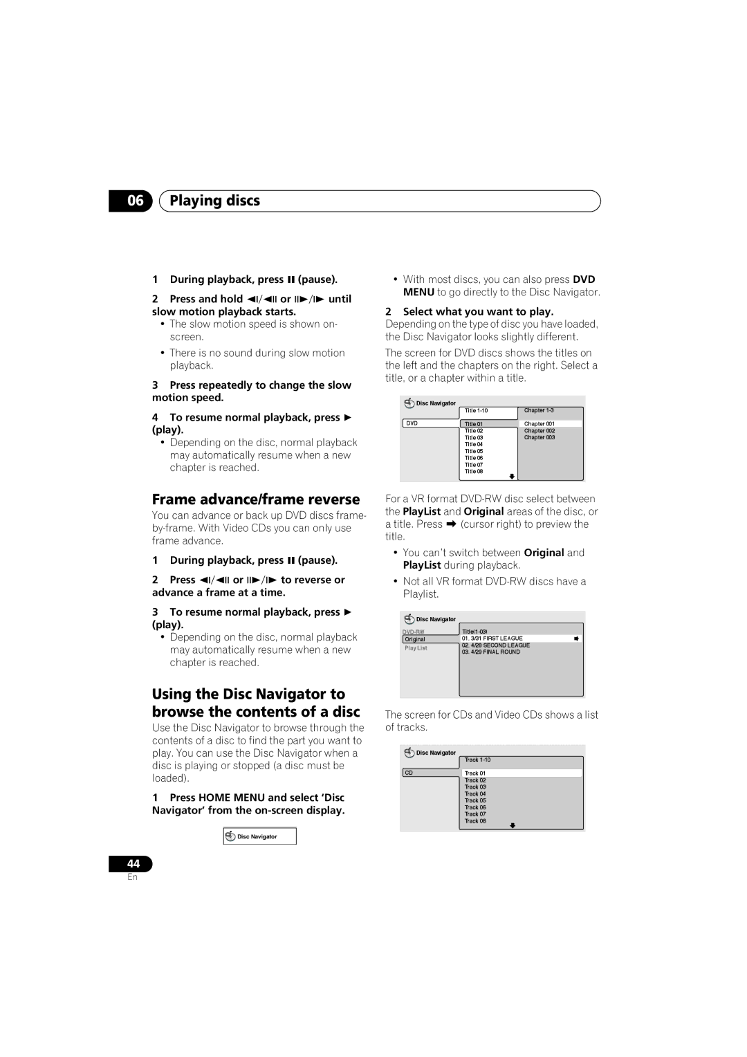 Pioneer S-HTD340 Frame advance/frame reverse, Using the Disc Navigator to browse the contents of a disc 