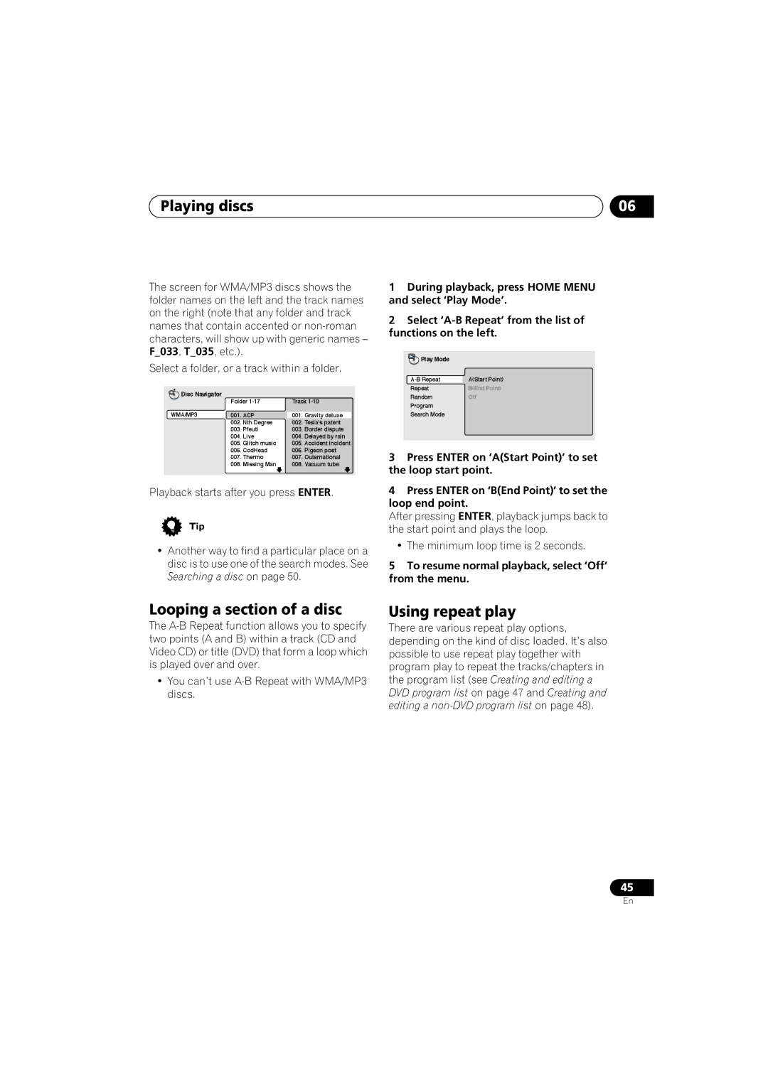 Pioneer S-HTD340 Looping a section of a disc, Using repeat play, To resume normal playback, select ‘Off’ from the menu 