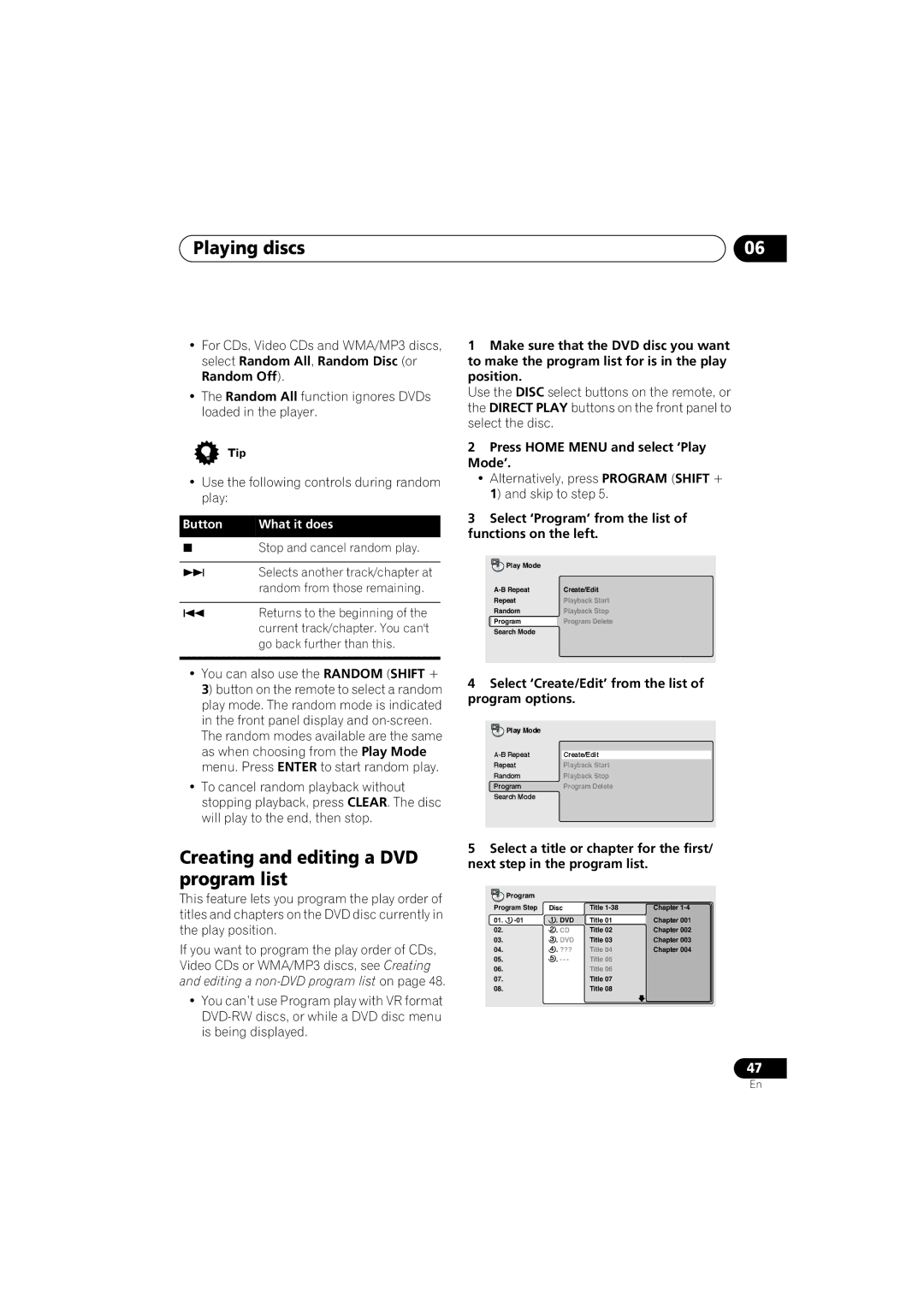 Pioneer S-HTD340 operating instructions Creating and editing a DVD program list, Press Home Menu and select ‘Play Mode’ 