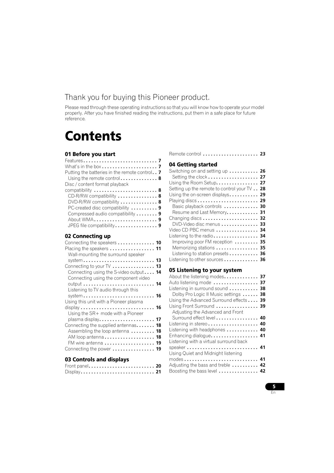 Pioneer S-HTD340 operating instructions Contents 