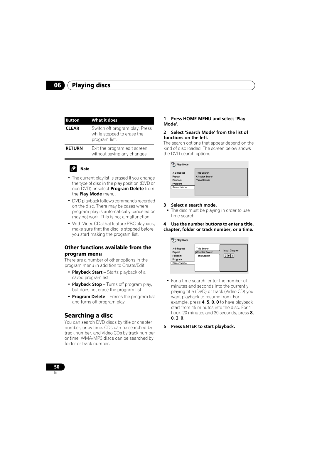 Pioneer S-HTD340 Searching a disc, Other functions available from the program menu, Select a search mode 