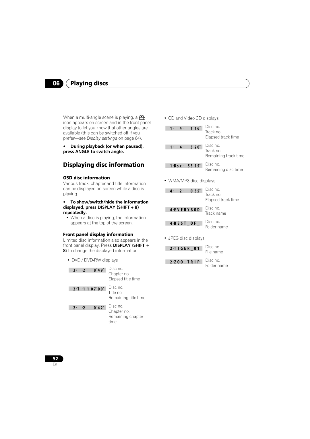 Pioneer S-HTD340 operating instructions Displaying disc information, OSD disc information, Front panel display information 