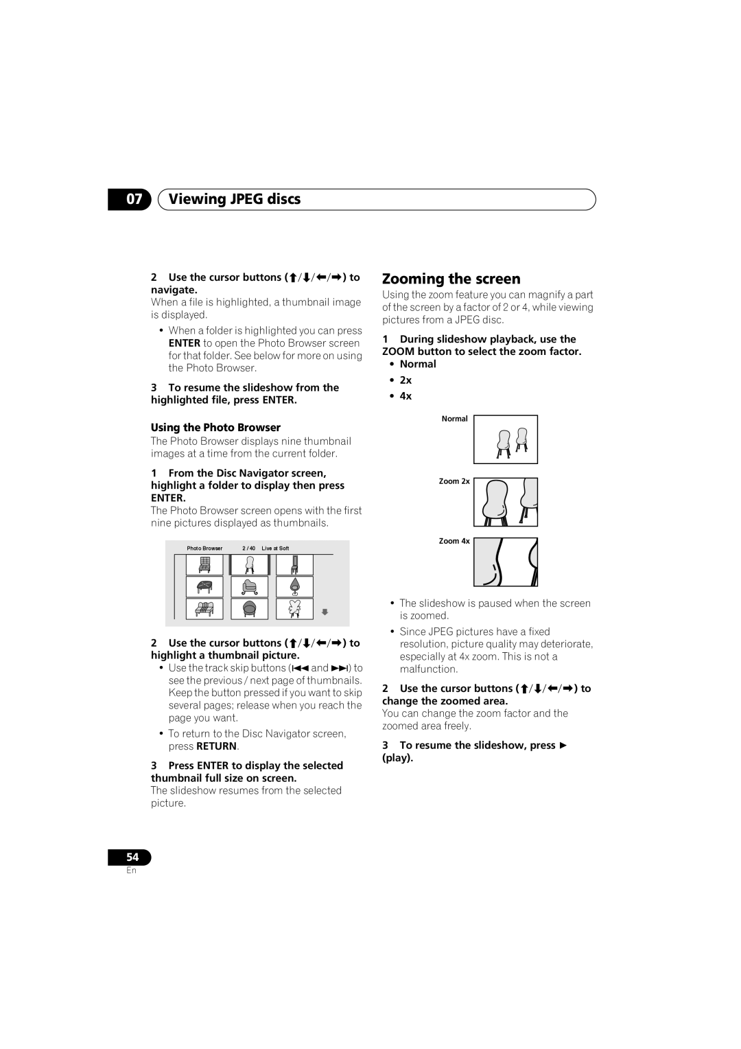 Pioneer S-HTD340 operating instructions Viewing Jpeg discs, Using the Photo Browser, Use the cursor buttons Navigate 