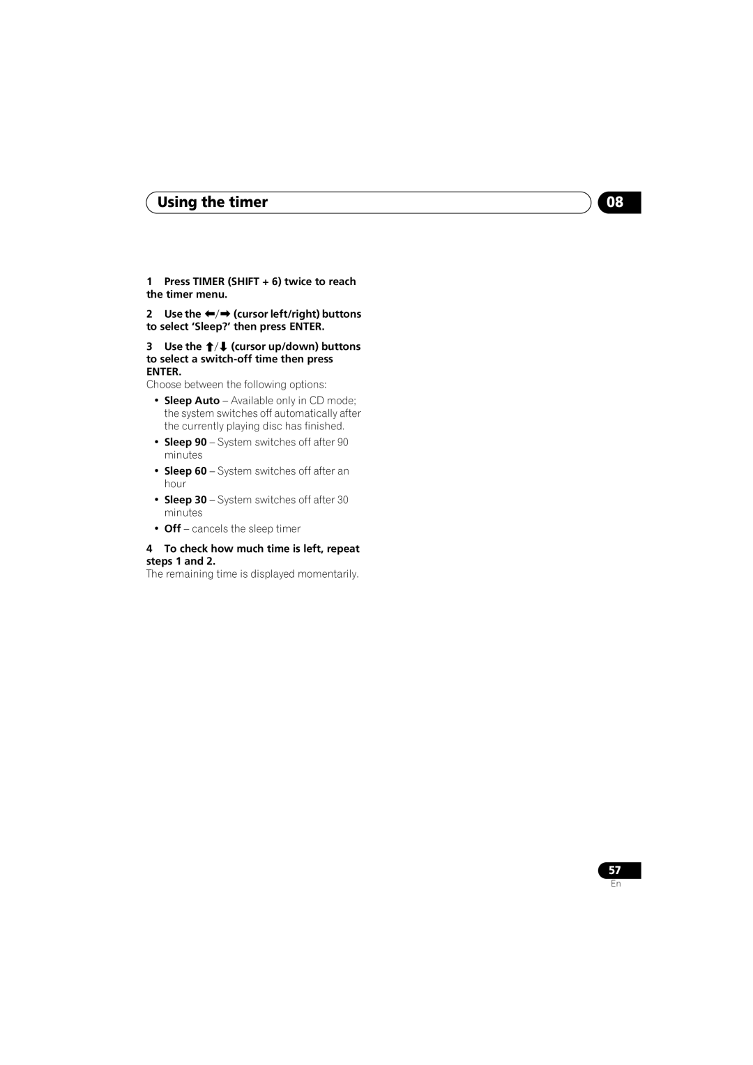 Pioneer S-HTD340 operating instructions To select ‘Sleep?’ then press Enter, To select a switch-off time then press 