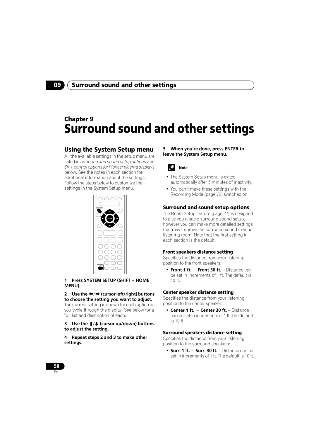 Pioneer S-HTD340 Surround sound and other settings Chapter, Using the System Setup menu, Surround and sound setup options 