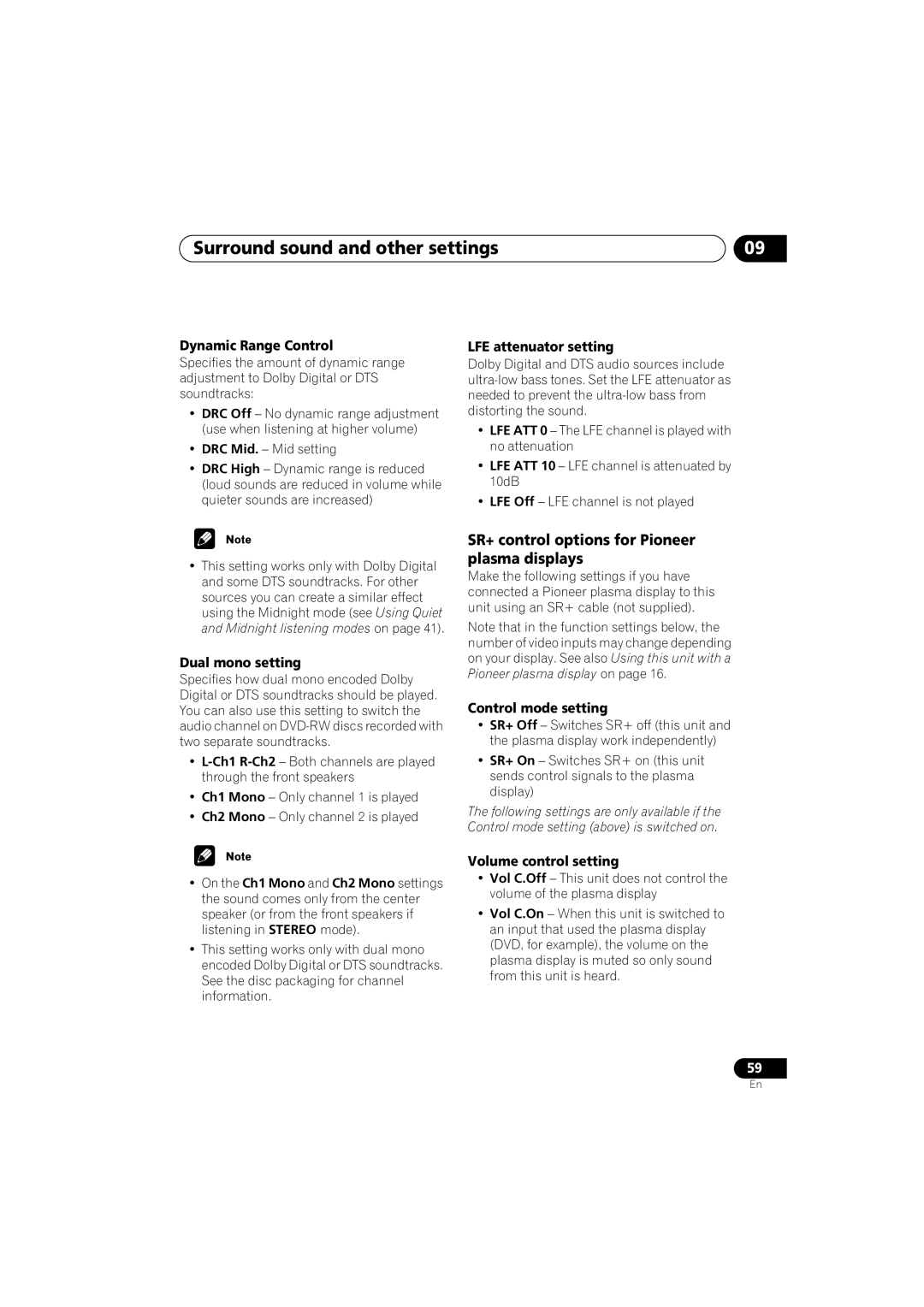 Pioneer S-HTD340 operating instructions Surround sound and other settings, SR+ control options for Pioneer plasma displays 