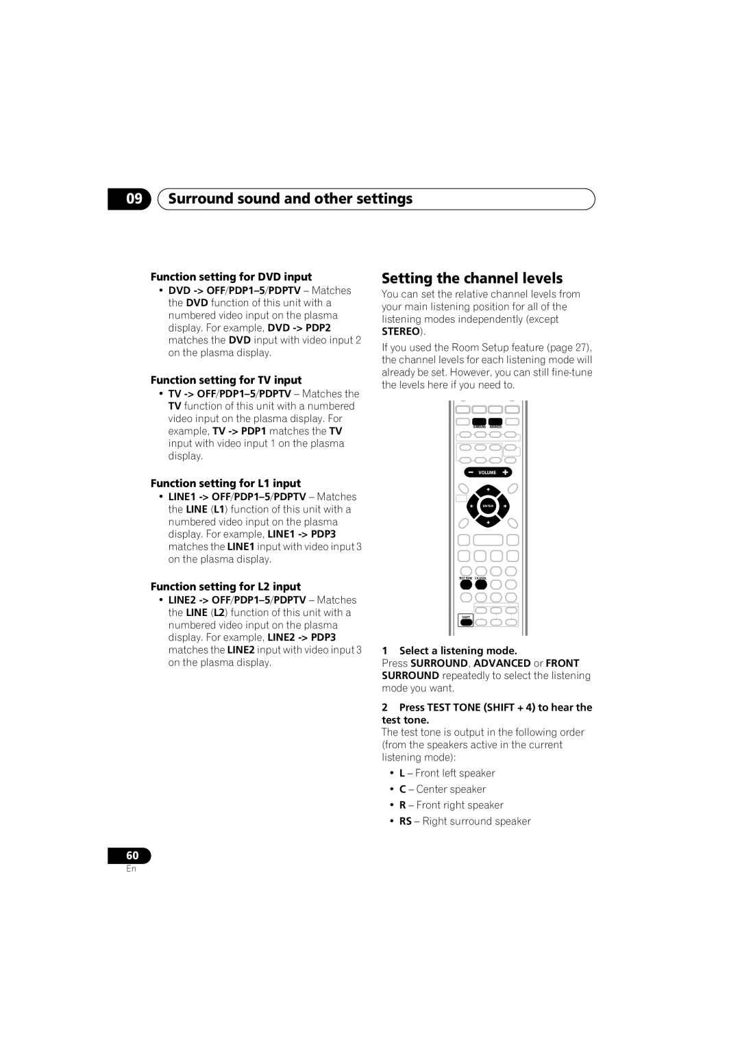 Pioneer S-HTD340 Function setting for DVD input, Function setting for TV input, Function setting for L1 input 