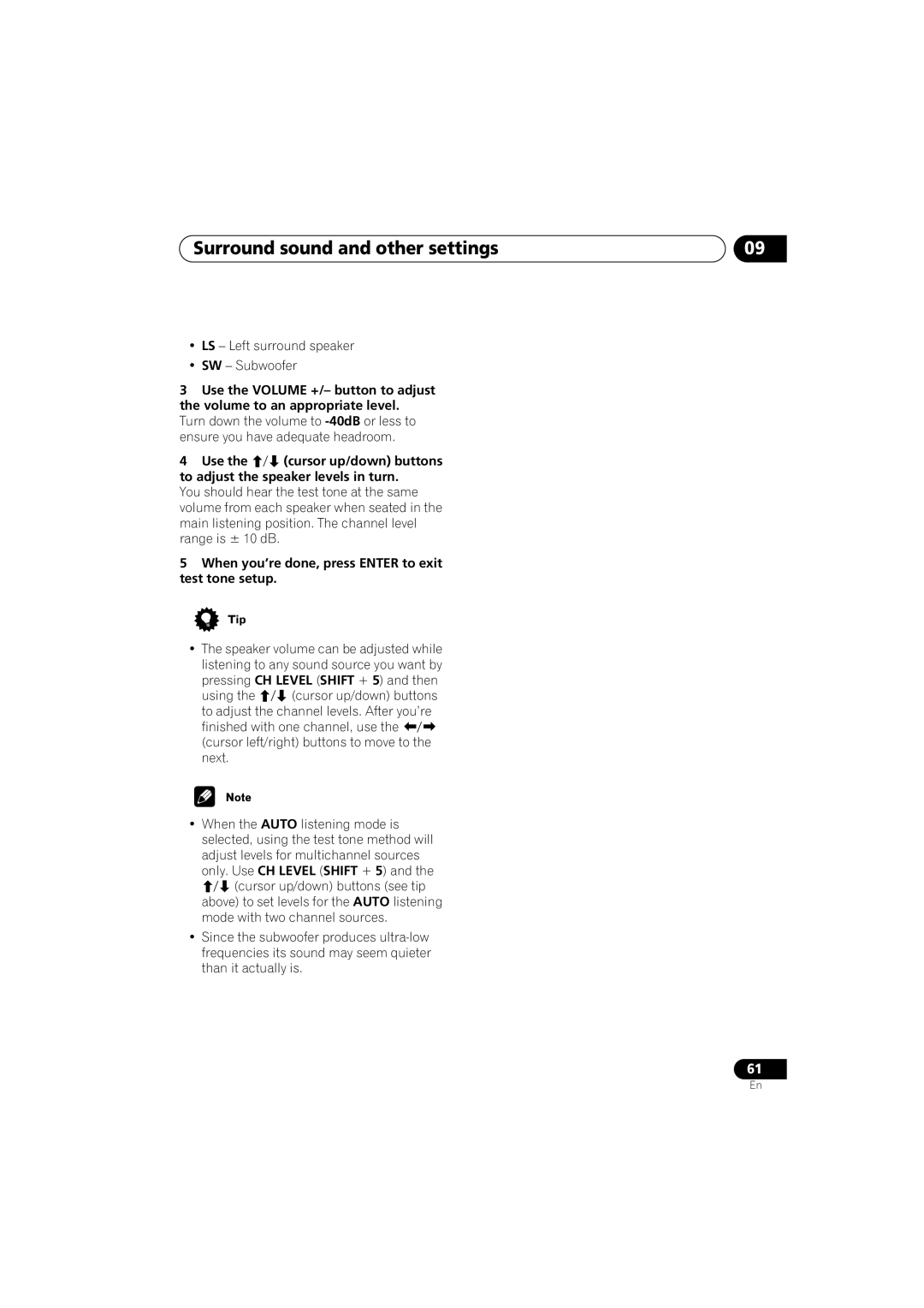 Pioneer S-HTD340 operating instructions When you’re done, press Enter to exit test tone setup 