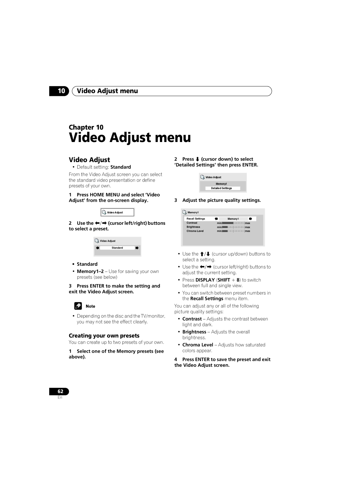 Pioneer S-HTD340 operating instructions Video Adjust menu Chapter, Creating your own presets 